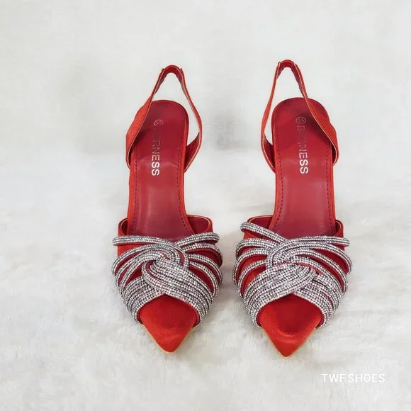 Elegance Slip on Slingback Red Satin Rhinestone Pointy Toe High Heels Shoes - Picture 9 of 12